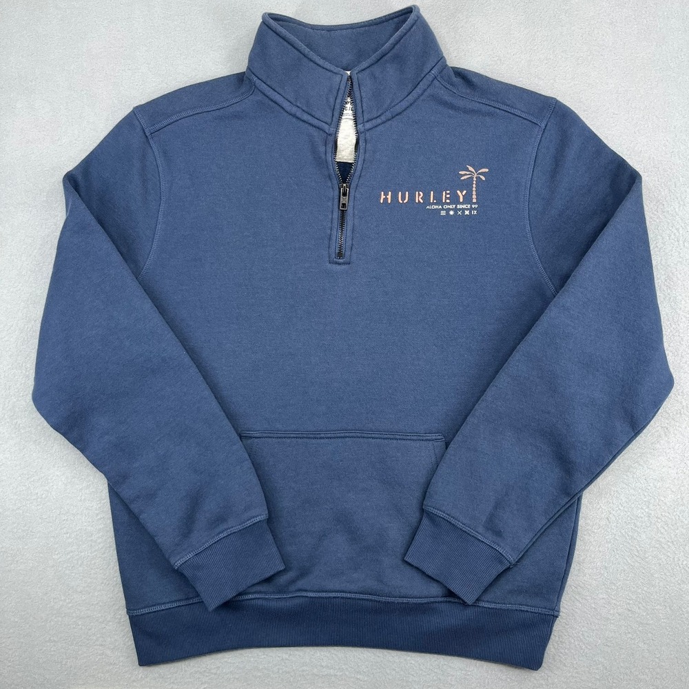 Hurley Mens Blue Quarter Zip Fleece Pullover Sweatshirt Palm Tree L